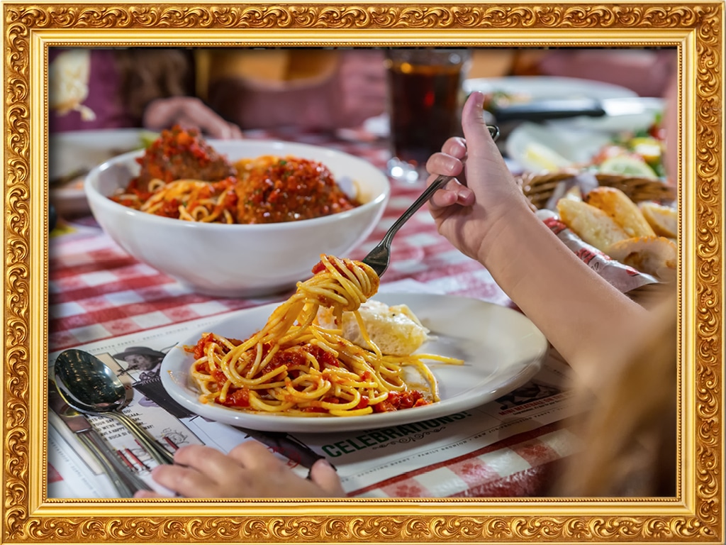 An image of Buca di Beppo spaghetti on a plate